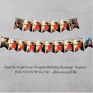 Puede incluir: Una pancarta de cumpleaños imprimible de Cómo entrenar a tu dragón con un mensaje "Feliz cumpleaños" en rojo. La pancarta presenta imágenes de dragones y personajes de la película.