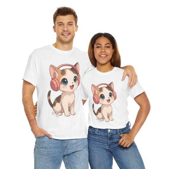 The 'White-Slid Cat Unisex Heavy Cotton Tee - White-Slid Cat Kawaii Anime Style, Adorable Ancestral Thai Heritage Collection.