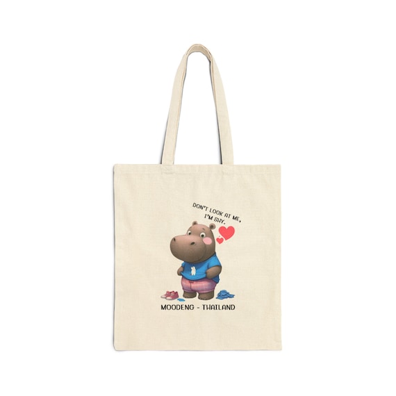 Canvas Tote Bag, "Moo-Deng" Pattern, Hippo Thailand and White Bear, Canvas Bag for Women and Men, Gift for Animal Lovers. Cotton