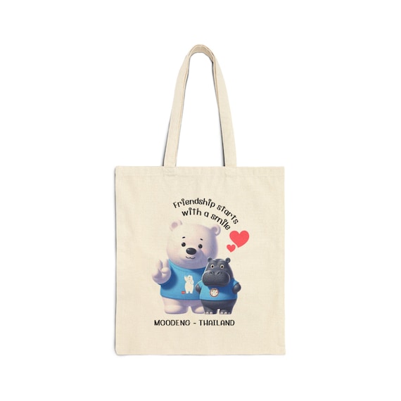 Canvas Tote Bag, "Moo-Deng" Pattern, Hippo Thailand and White Bear, Canvas Bag for Women and Men, Gift for Animal Lovers. Cotton