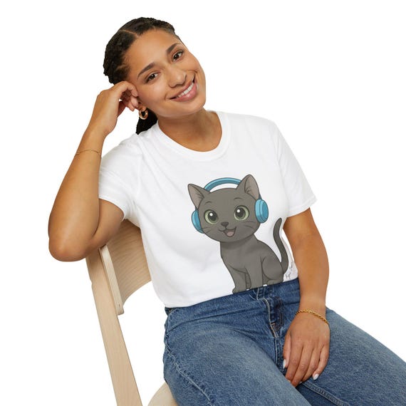 Korat Cat Softstyle T-Shirt - Silver Blue Luck, Si-Sawat Thai Cat Tee, Kawaii Anime Style, Adorable Ancestral Thai, Unisex Shirt