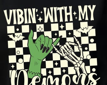 Vibin With My Demons Svg Png,Funny Halloween Spooky Season Svg Skeleton Peace Svg,Retro Halloween Png Svg files for cricut