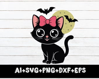 Halloween Black Cat Svg,Cute Black Cat Svg,Girl Cat with Bow Svg,Halloween Svg,Fall Toddler Baby Halloween Shirt design Svg Files For Cricut