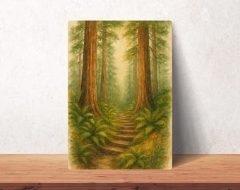 May include: Watercolor painting of a forest path leading between tall redwood trees. The path is lined with ferns and small orange flowers. The artwork is displayed on a rectangular canvas, resting on a wooden surface.