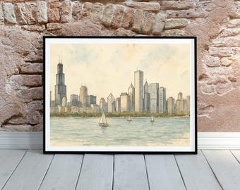 Chicago Skyline Watercolor Print | Lake Michigan Sailboats (Digital Download)