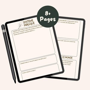 Könnte beinhalten: Ein digitaler Planer mit einem braunen und weißen Cover mit dem Text "Système Magique" und "8+ Seiten". Der Planer ist auf einer Seite geöffnet, die Fragen zu Magiesystemen enthält, darunter "Comment fonctionne la magie dans votre monde?" und "En quoi consiste la magie?"