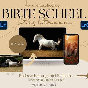 May include: A before and after image showing the results of photo editing in Adobe Lightroom. The image shows a white horse running through a field. The before image is grainy and the colors are muted. The after image is sharp and the colors are vibrant. The text "Bildbearbeitung mit LR classic" is displayed below the images.