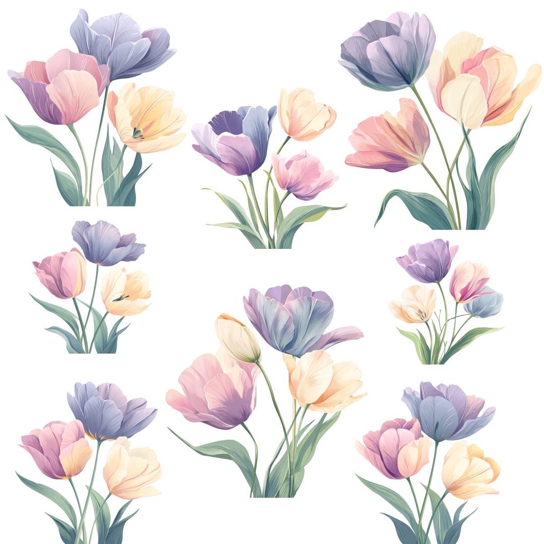 Pastel Tulip Clipart Bundle, Watercolor Spring Flower PNG, JPG, PDF ...