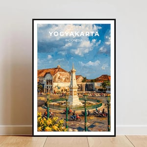 Könnte beinhalten: Ein gerahmter Kunstdruck mit einer Darstellung des Tugu Yogyakarta Denkmals in Indonesien im Ölgemälde-Stil. Die Szene zeigt das weiße Steindenkmal umgeben von einem grünen Zaun, mit Motorrädern auf der Straße und einem blauen Himmel.