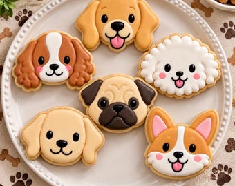 Peut inclure: Une collection de six biscuits en forme de chien disposés sur une assiette blanche. Les biscuits présentent des décorations en glaçage détaillées représentant différentes races, dont un golden retriever, un épagneul, un carlin, un caniche et un corgi.