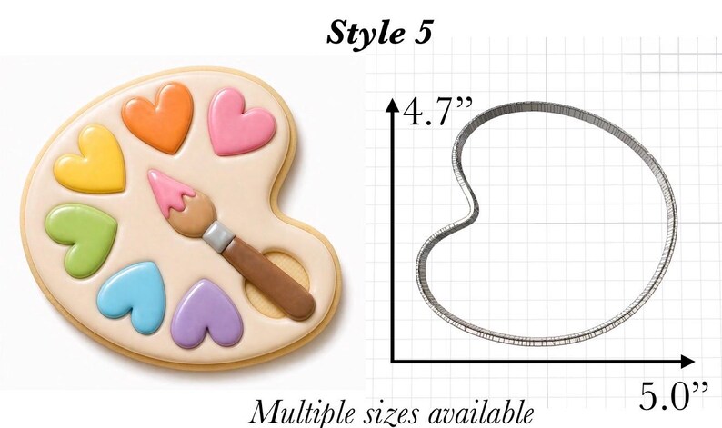Op de afbeelding: Een paletvormig koekje versierd met zes kleurrijke hartvormige glazuurvlekken en een penseel, naast een metalen koekjesvorm op een rasterachtergrond, tekst Style 5, 11,9 cm bij 12,7 cm, en Multiple sizes available.