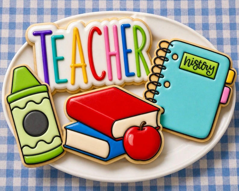 Op de afbeelding: Een verzameling versierde koekjes op een wit bord, waaronder een koekje in de vorm van een waskrijtje, een stapel van twee boeken met een appel, een spiraalblok met het label history en een koekje met het woord TEACHER in gekleurd glazuur.