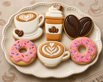 Op de afbeelding: Een assortiment van zes versierde koekjes op een wit bord met een geschulpte rand. De koekjes omvatten twee koffiekopjes met latte art, een hoge koffiebeker met slagroom, twee roze geglazuurde donuts met kleurrijke spikkels en een koffieboon.