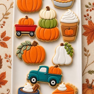 May include: A collection of decorated sugar cookies on a white rectangular platter, featuring shapes of pumpkins, pies, a red wagon, a teal truck, and mugs with whipped cream, all detailed with colorful icing in orange, white, green, and blue.
