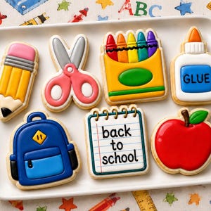 Peut inclure: Une collection de biscuits en sucre sur le th&egrave;me de l'&eacute;cole sur un plateau blanc, comprenant un crayon jaune, des ciseaux roses, une bo&icirc;te de crayons color&eacute;s, un flacon de colle blanc marqu&eacute; GLUE, un sac &agrave; dos bleu, un bloc-notes et une pomme rouge.