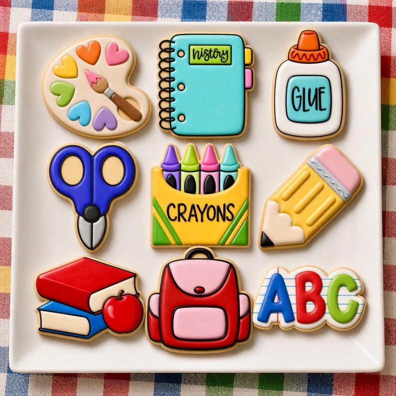 Op de afbeelding: Een set van negen school-thema koekjes in de vorm van een verfpalet, geschrift-notitieboek, lijmfles, blauwe schaar, doosje kleurpotloden, geel potlood, twee gestapelde boeken met een appel, een rode rugzak en de letters ABC.