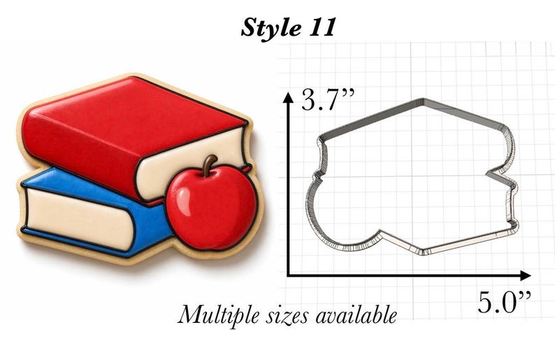 Op de afbeelding: Een koekjesvorm in de vorm van een stapel van twee boeken met een appel, gelabeld Style 11. De metalen omtrek toont een hoogte van 3,7 inch en een breedte van 5,0 inch op een rasterachtergrond, wat de fysieke afmetingen aangeeft.