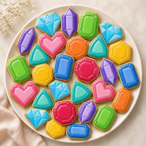 May include: A plate of colorful, gem-shaped cookies. The cookies are decorated with vibrant icing in shades of blue, green, purple, pink, orange, and yellow. The cookies are arranged on a white plate, creating a visually appealing treat.