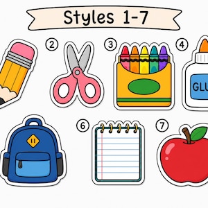 Peut inclure: Une collection de sept autocollants num&eacute;rot&eacute;s sur le th&egrave;me de l'&eacute;cole, comprenant un crayon jaune, des ciseaux roses, une bo&icirc;te de crayons de couleur, un flacon de colle blanc marqu&eacute; GLUE, un sac &agrave; dos bleu, un carnet &agrave; spirales et une pomme rouge.