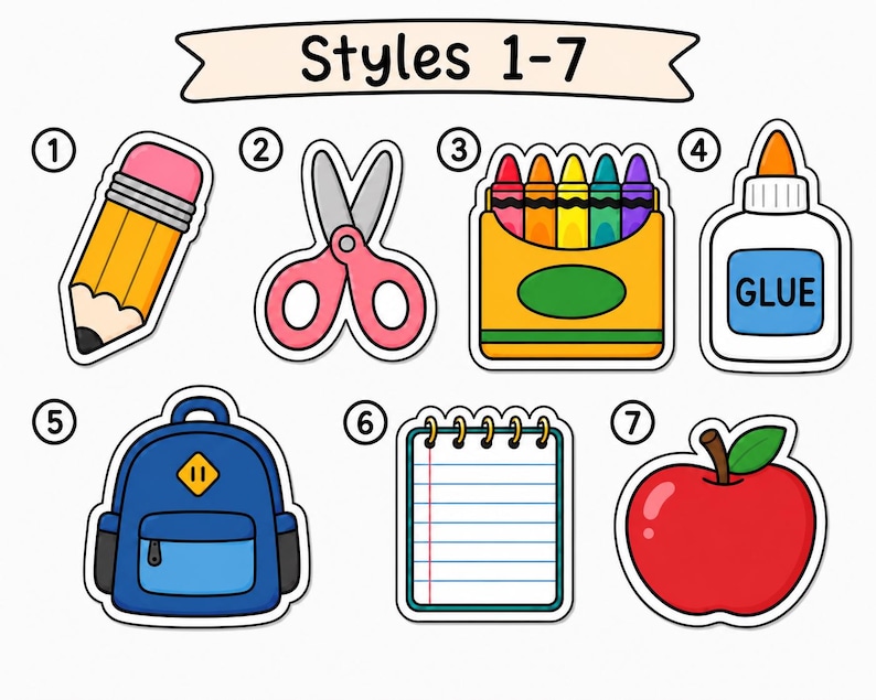 Peut inclure: Une collection de sept autocollants num&eacute;rot&eacute;s sur le th&egrave;me de l'&eacute;cole, comprenant un crayon jaune, des ciseaux roses, une bo&icirc;te de crayons de couleur, un flacon de colle blanc marqu&eacute; GLUE, un sac &agrave; dos bleu, un carnet &agrave; spirales et une pomme rouge.