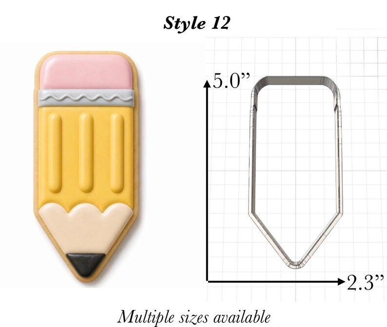 Op de afbeelding: Een potloodvormig koekje met roze, geel, beige en zwart glazuur naast een metalen uitsteekvorm op een raster. De uitsteekvorm is 12,7 cm hoog en 5,8 cm breed. De tekst Style 12 en Multiple sizes available is zichtbaar.