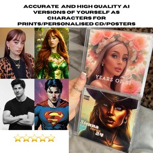 Puede incluir: Imagen que presenta retratos generados por IA y portadas de CD. Las portadas de los CD muestran el texto "YEARS OF SI" y "Sienna turns 24". La imagen también incluye retratos de personas y el texto "ACCURATE AND HIGH QUALITY AI VERSIONS OF YOURSELF AS CHARACTERS FOR PRINTS/PERSONALISED CD/POSTERS".