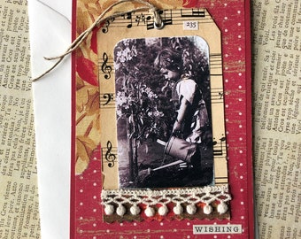 NEW Handmade Birthday Card Featuring Vintage Photo Young Child with Watering Can