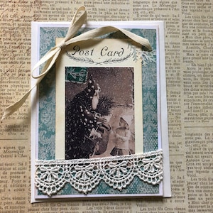 NEW Handmade Christmas Card Featuring Vintage Photo Young Girl with Santa