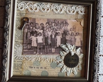 NEW Teacher Gift Vintage School Photo Mixed Media Collage in Ornate Frame