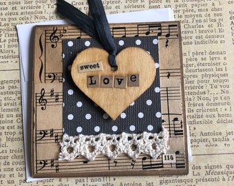 NEW Handmade Love Themed Card with Wood Heart