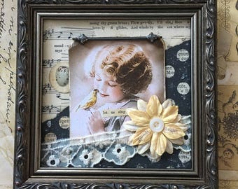 NEW Ornate Framed Vintage Photo Young Girl with Bird