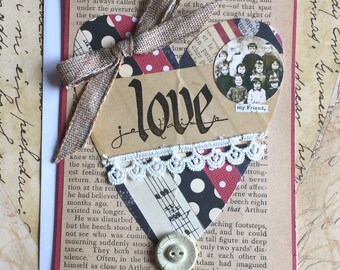 SALE Handmade Quilted Paper Heart Valentine with Old Photo of School Children