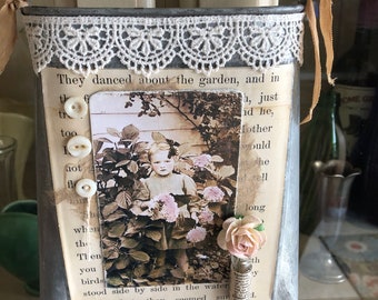 NEW Mixed Media Wall Basket Featuring Vintage Girl in Garden Photo and Vase of Flowers