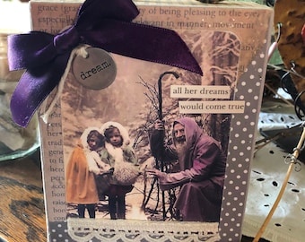 NEW Tabletop Mixed Media Art Featuring Vintage Santa and Children Postcard Image.