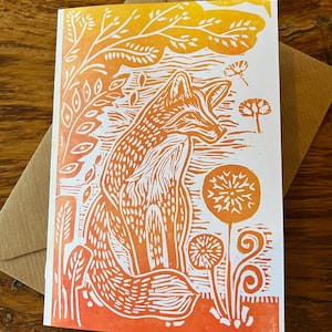 Fuchs Linoldruck Karte Handbedruckt - Original