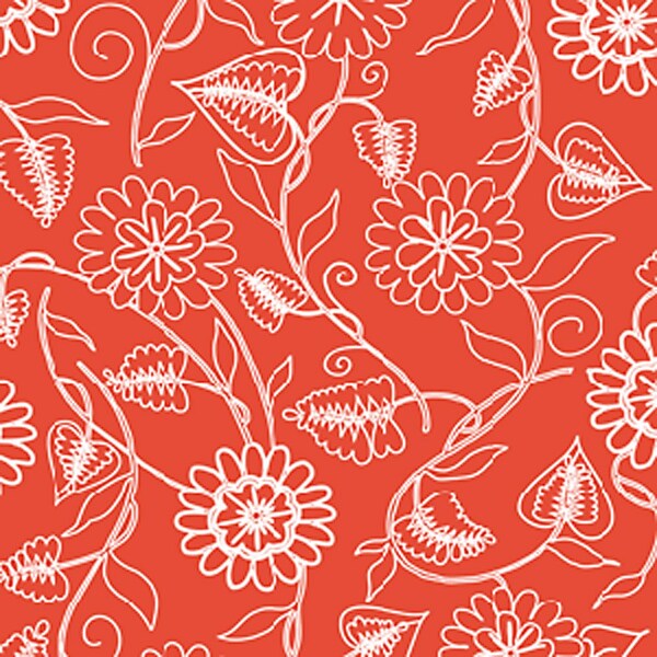 Summertime by Barbara Jones Red Illustrated Floral - SPECIAL price for ONE YARD cuts