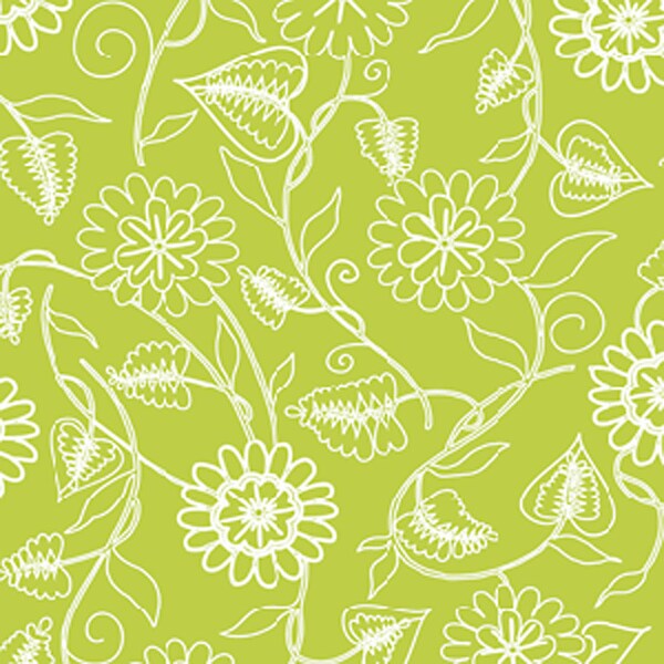 Summertime by Barbara Jones Lime Illustrated Floral - SPECIAL price for ONE YARD cuts
