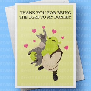 Tarjeta de San Valentín con el mensaje "Gracias por ser el ogro de mi burro" - Tarjeta de San Valentín con el ogro y el burro - BreezyBazaarCo