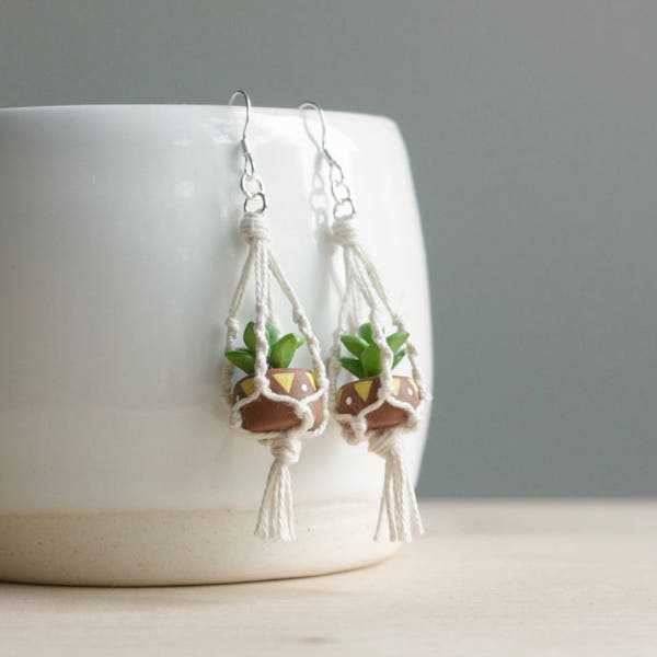 Hanging Planter Macrame Earrings - miniature succulent, wearable planter, small cactus, sterling silver earrings, mini plant pots