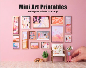 Mini Wall Art Prints - PDF printable download for miniature red and purple palette modern paintings; dollhouse gallery wall