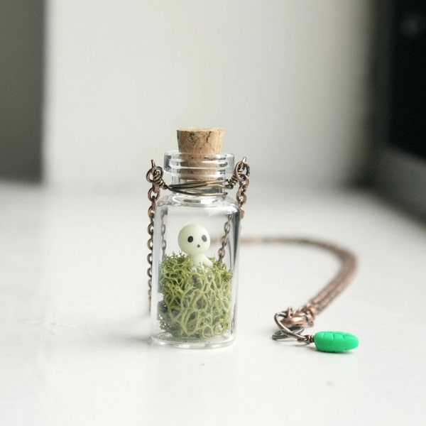 Kodama Tree Spirit Terrarium Necklace - mini glass bottle pendant, glow in the dark princess mononoke necklace, studio ghibli jewelry