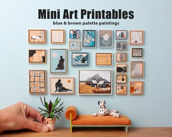 Miniature Downloadable Art Prints - PDF printable for tiny blue and brown palette modern paintings; dollhouse gallery wall