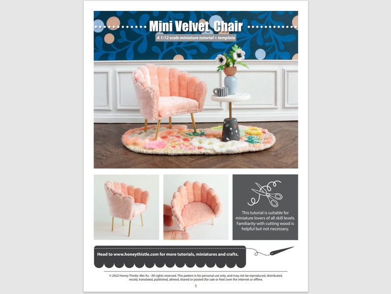 May include: A pink velvet chair with a scalloped back and gold legs. The chair is sitting on a floral rug in a miniature room setting. The image includes the text "Mini Velvet Chair" and "A 1:12 scale miniature tutorial + template".