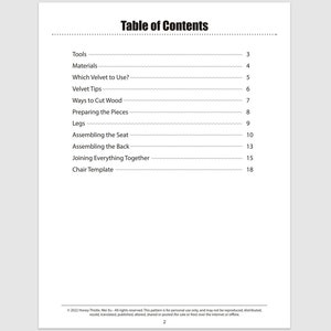 May include: Table of Contents for a chair building project. The table lists the steps involved in building a chair, including tools, materials, cutting wood, assembling the seat, and assembling the back.
