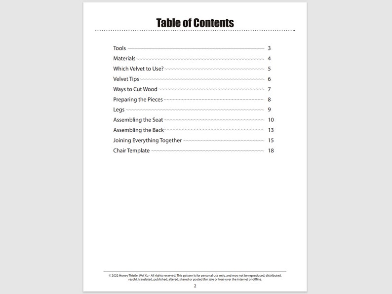 May include: Table of Contents for a chair building project. The table lists the steps involved in building a chair, including tools, materials, cutting wood, assembling the seat, and assembling the back.