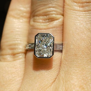 3.01 Ct Radiant Cut Moissanite Engagement Ring, Crushed Ice Radiant Cut Ring, Elongated Radiant, Bezel Set Ring