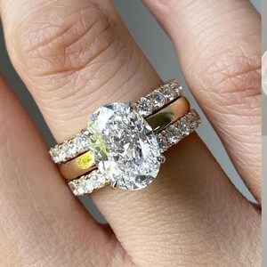 3 CT Oval Solitaire Ring & Wedding Band Wedding Set, 14K Solid Gold 3 Piece Engagement Ring Set, Diamond Alternative Bridal Set