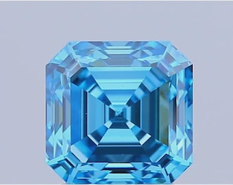 May include: A square-cut, light blue gemstone with a faceted surface. The gem has a symmetrical design with a central square and angled facets. The gemstone is set against a white surface and a light blue background.