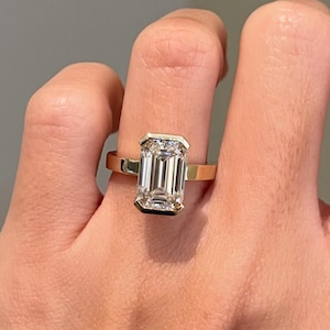 3.00 Ct Emerald Cut Moissanite Engagement Ring: Solid Gold Solitaire
