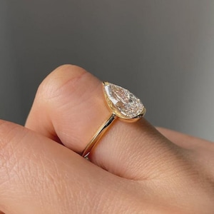 2 CT Pear Cut Lab Grown Certified Diamond Half Bezel Solitaire Engagement Ring, 14K Solid Gold pear Diamond Ring, Anniversary Ring.